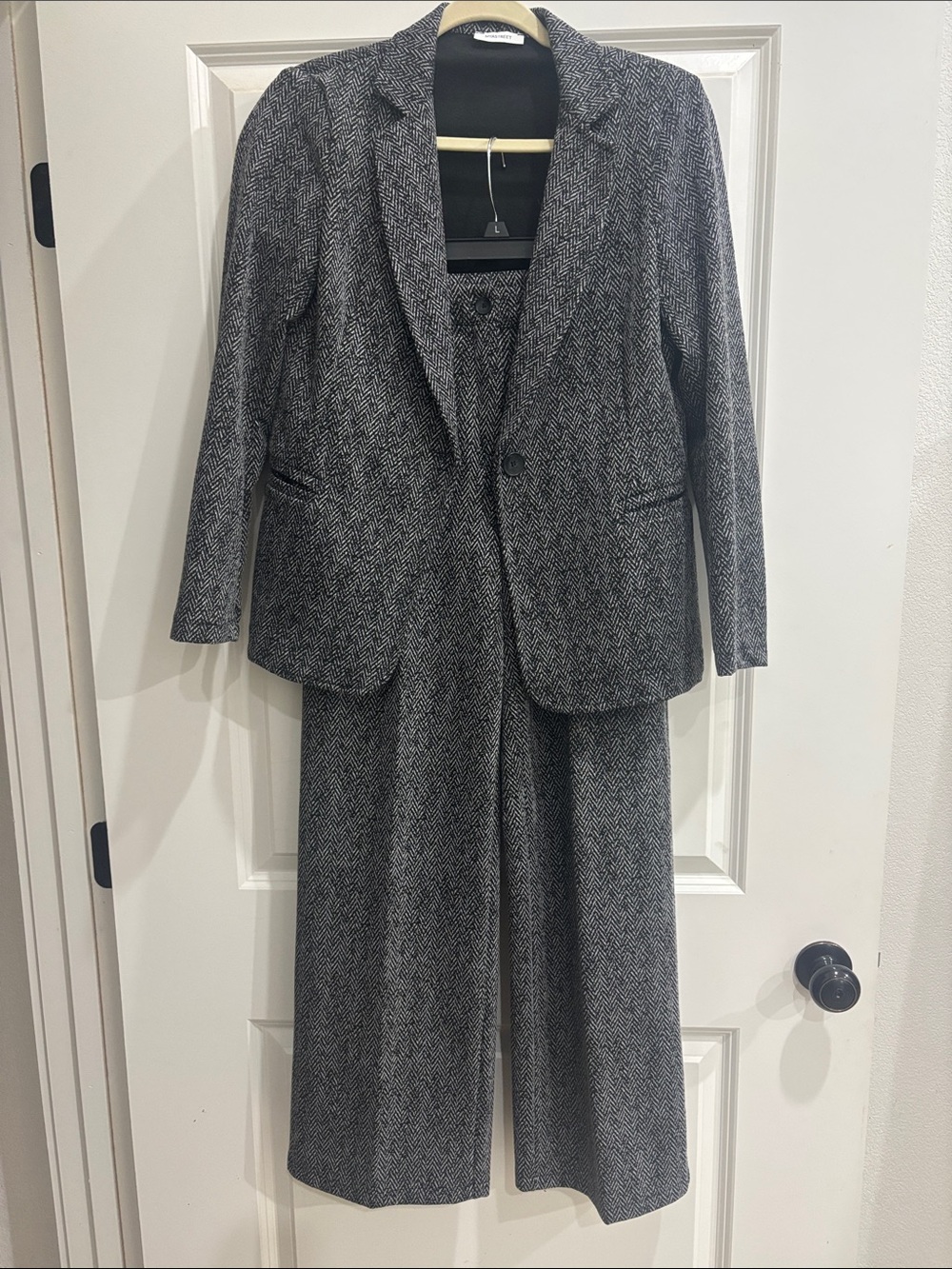 Women's Gray Herringbone Blazer & Wide-Leg Trouser Suit